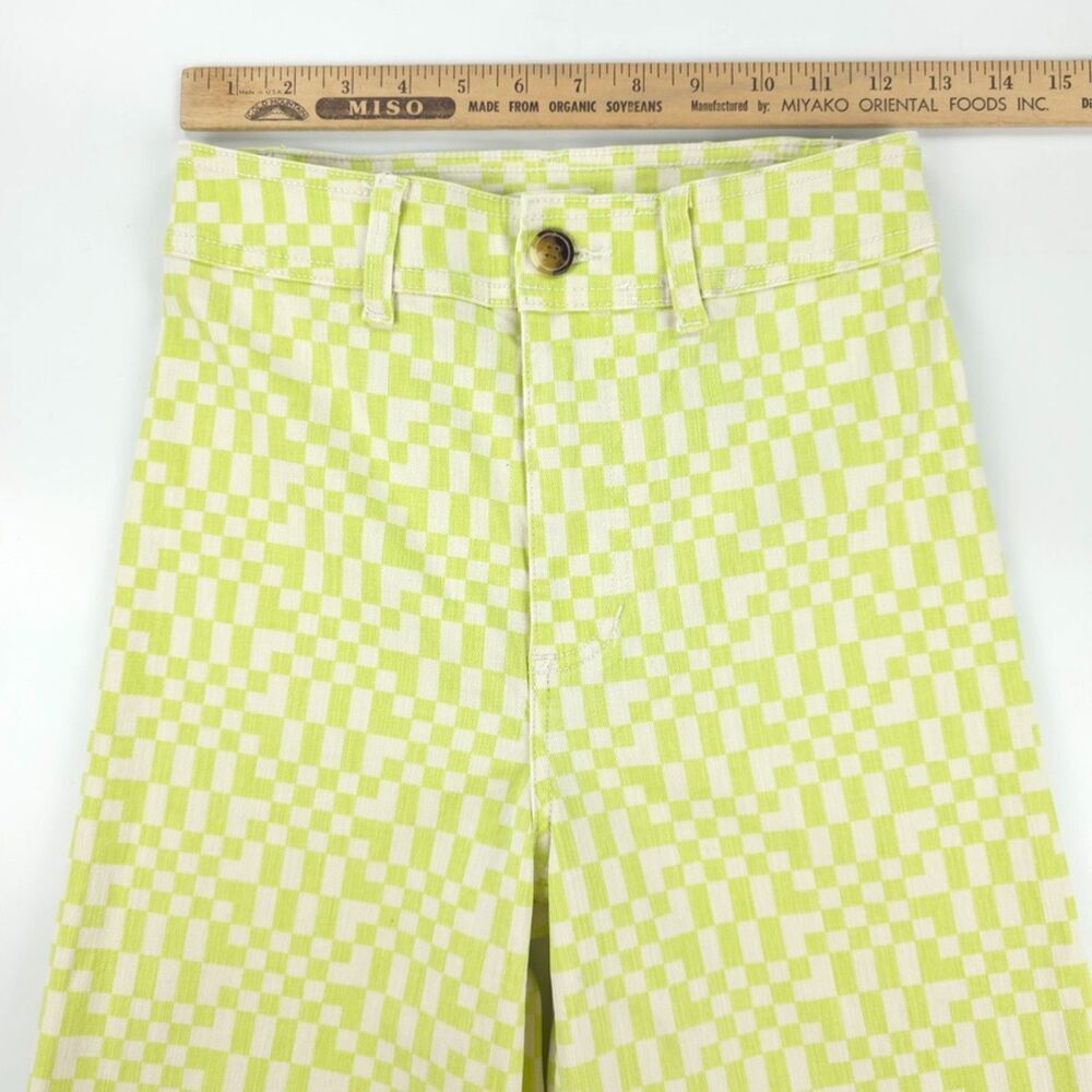 NEW Billabong Free Fall Wide Leg Raw Hem Jeans 90s Y2k Lime Checkered Print 25 - Picture 3 of 10